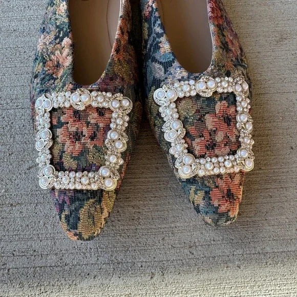 Sam Edelman Floral Tapestry Embellished Buckle Pointed Toe Ballet Flats Granny - Picture 2 of 14